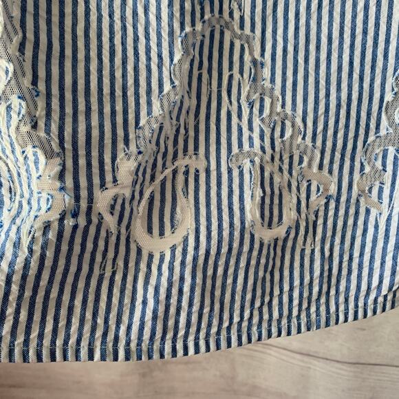 Zara Blue White Striped Blouse Sheer Floral Cutout Details Puff Sleeves Size S - Picture 10 of 16